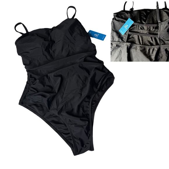NEW Women's LG CUPSHE SWIMSUIT One Piece Black Strappy Back Rushed Detail NWT - Picture 1 of 9